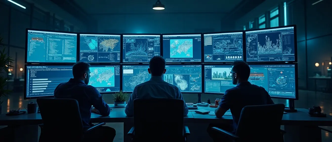 An engineering studio at night with screens showing architecture diagrams and dashboards