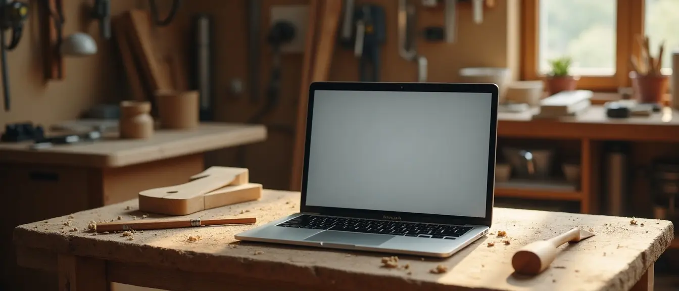 A laptop on a workbench showing a finished, polished website
