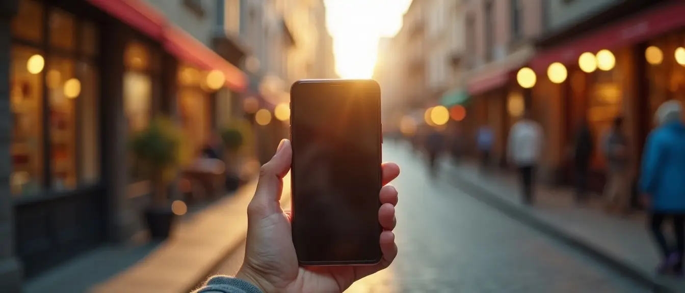 A hand holding a smartphone running a polished mobile app on a busy main street