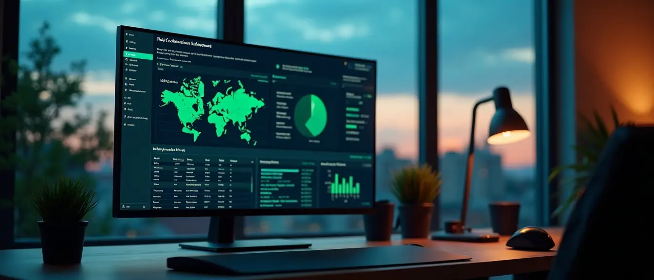 A large monitor in a dev studio glowing with a custom web app dashboard