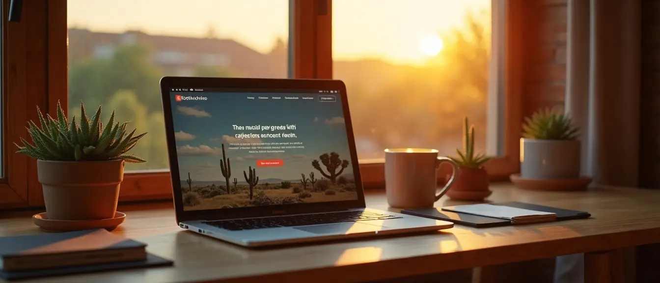 A laptop on a sunlit Texas studio desk showing a small-business website built by Lova